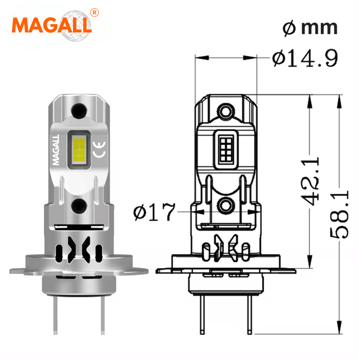 Żarówka LED H7 MAGALL X PRO 1 do 1 wymiary techniczne żarówki rysunek techniczny